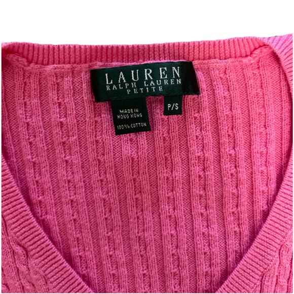 Ralph Lauren Pink V-Neck 3/4 Sleeve Cable Knit Sweater Blouse Size Petite Small - Picture 4 of 6